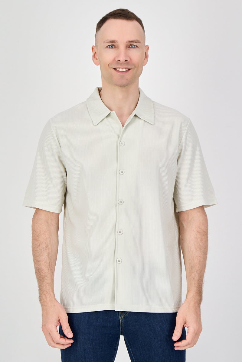 Core Elements Men Regular Fit Short Sleeve Stripe Casual Shirts, Cream - Image 1