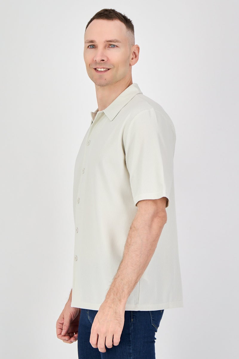 Core Elements Men Regular Fit Short Sleeve Stripe Casual Shirts, Cream - Image 2