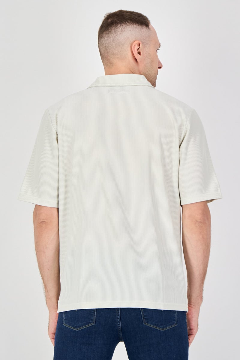 Core Elements Men Regular Fit Short Sleeve Stripe Casual Shirts, Cream - Image 3