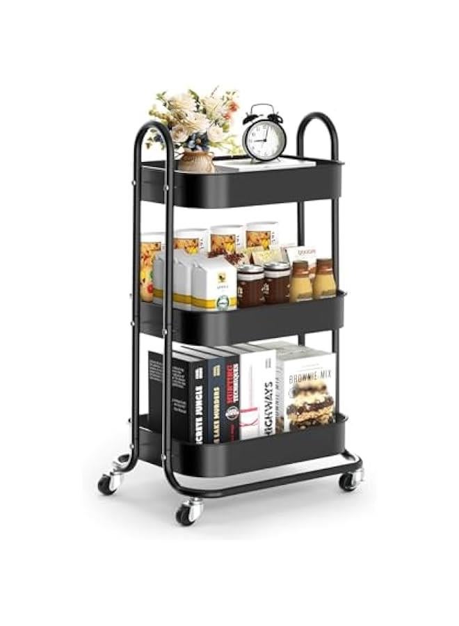 هوكور عربة دوارة معدنية من 3 طبقات من بيكبيس، عربة ادوات بيضاوية مع عجلات قابلة للقفل، عربة تخزين منظمة متعددة الوظائف مع ارفف شبكية لغرفة المعيشة والمطبخ وغرفة النوم والمكتب، اسود - Image 1