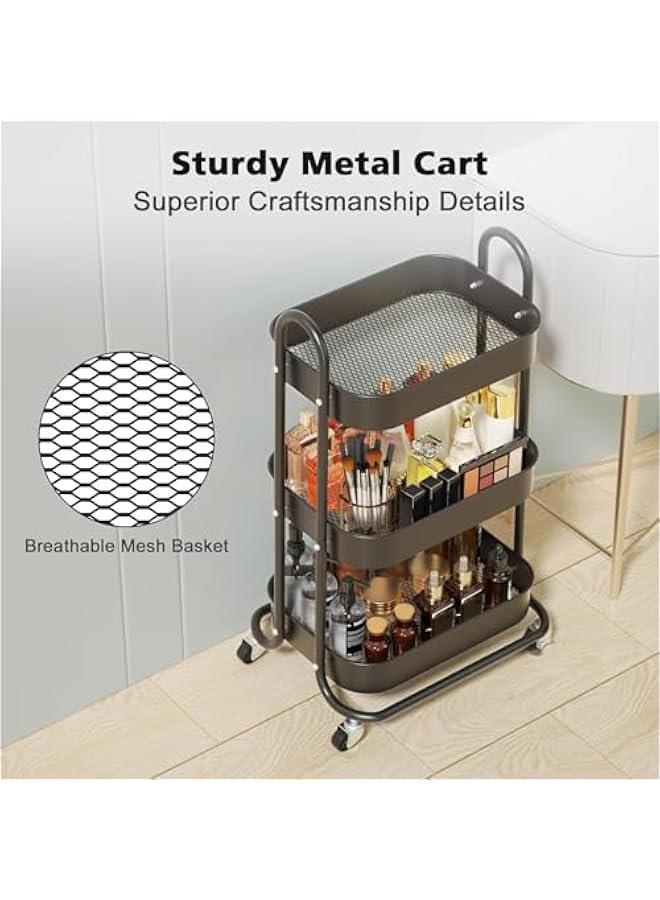 هوكور عربة دوارة معدنية من 3 طبقات من بيكبيس، عربة ادوات بيضاوية مع عجلات قابلة للقفل، عربة تخزين منظمة متعددة الوظائف مع ارفف شبكية لغرفة المعيشة والمطبخ وغرفة النوم والمكتب، اسود - Image 3