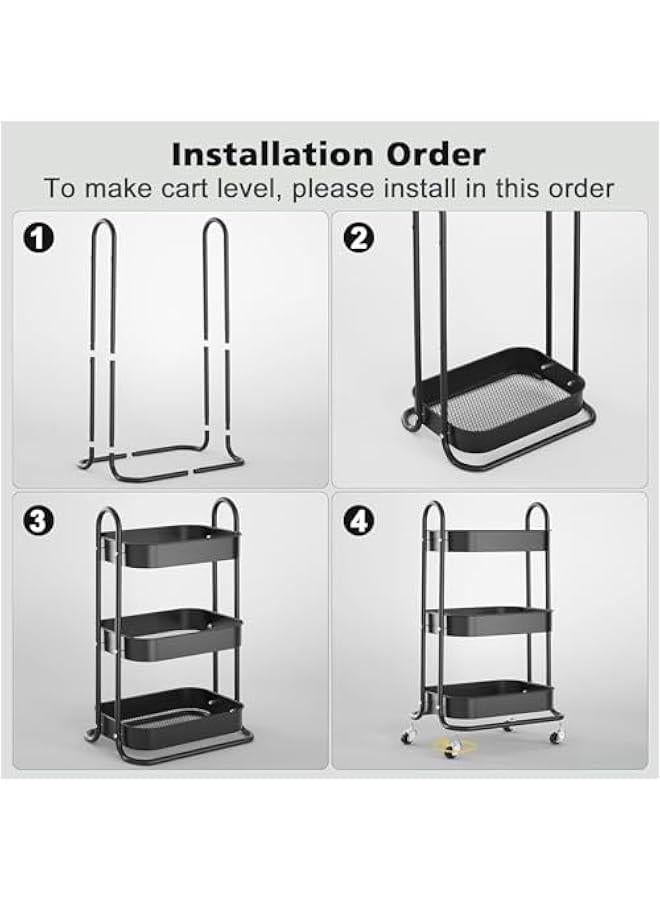 هوكور عربة دوارة معدنية من 3 طبقات من بيكبيس، عربة ادوات بيضاوية مع عجلات قابلة للقفل، عربة تخزين منظمة متعددة الوظائف مع ارفف شبكية لغرفة المعيشة والمطبخ وغرفة النوم والمكتب، اسود - Image 4