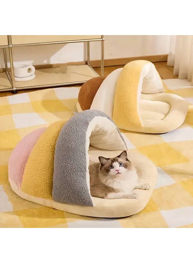 Yellow White Brown Slipper Style Cat Bed Soft Plush Washable Non Slip Pet Mat - Image 1