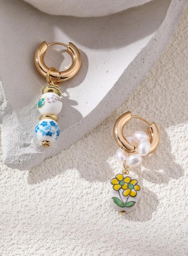 تايك تو أقراط معلقة بلؤلؤ وزهور بورسلين