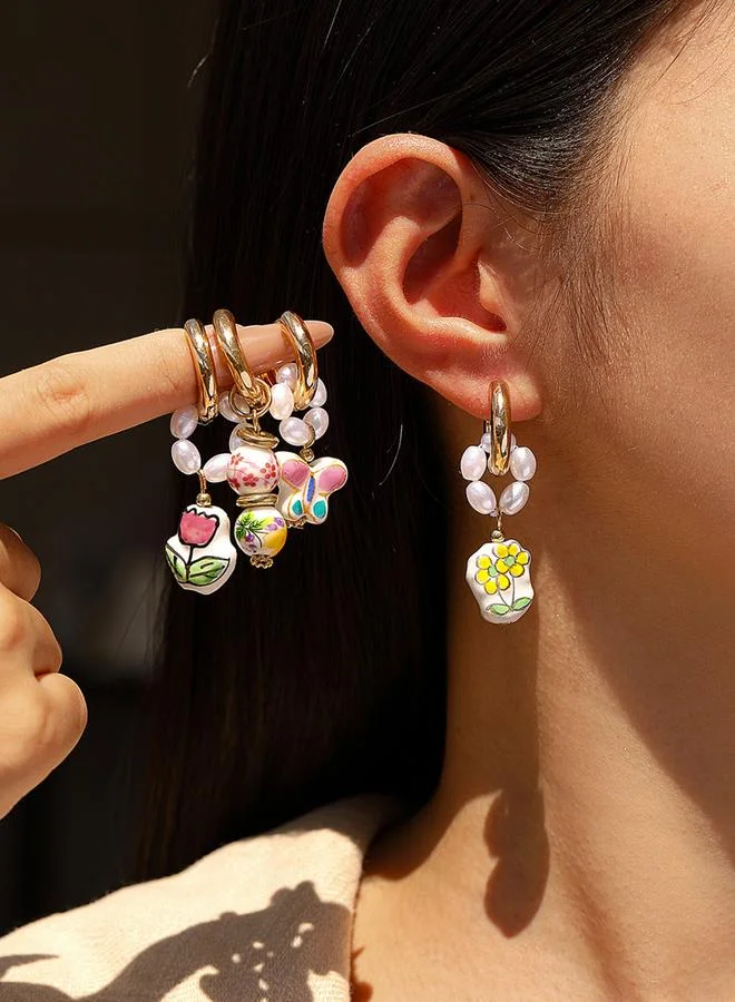 تايك تو أقراط معلقة بلؤلؤ وزهور بورسلين