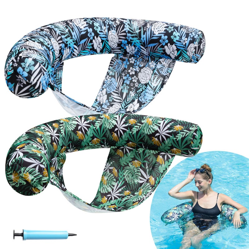 FindUWill Inflatable Pool Floats Chair 2 Pack Fabric Covered Pool Lounger Float with Sling Swimming Noodle Chairs Pool Floaties Pool Floats for Adults Blue Green - Image 2