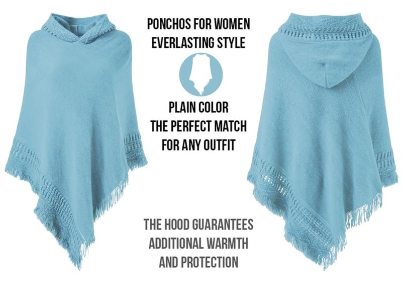 Ferand Ladies' Hooded Cape with Fringed Hem, Crochet Poncho Knitting Patterns for Women, Sky Blue - Image 3