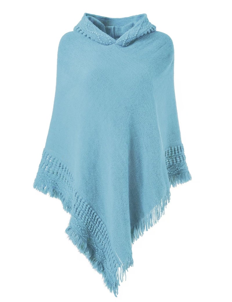 Ferand Ladies' Hooded Cape with Fringed Hem, Crochet Poncho Knitting Patterns for Women, Sky Blue - Image 1