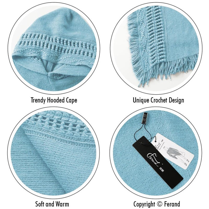 Ferand Ladies' Hooded Cape with Fringed Hem, Crochet Poncho Knitting Patterns for Women, Sky Blue - Image 4