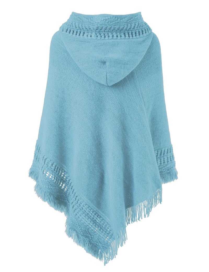 Ferand Ladies' Hooded Cape with Fringed Hem, Crochet Poncho Knitting Patterns for Women, Sky Blue - Image 2