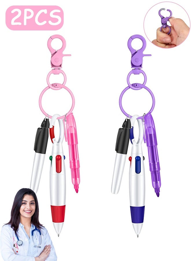 Quantum 2 PCS Mini Highlighter Pen, Retractable Ballpoint with Nursing Keychain Clip, Badge Reel Highlighter for Badge Include Tip Retractable Ball with Keychain Clip for Office (Pink & Purple) - Image 1
