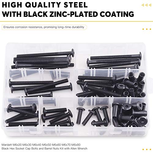 Mardatt 85pcs 7 Sizes M6x20mm/30mm/40mm/50mm/60mm/70mm/80mm Black Hex Socket Cap Bolts and Barrel Nuts Assortment Kit, Crib Bolts Binding Screw Post for Belt Buckle Leather Furniture - Image 5