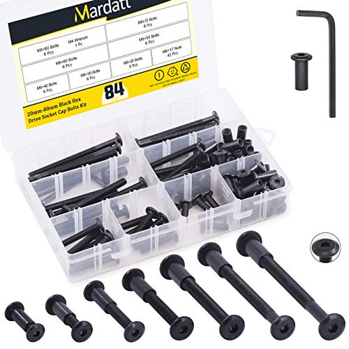 Mardatt 85pcs 7 Sizes M6x20mm/30mm/40mm/50mm/60mm/70mm/80mm Black Hex Socket Cap Bolts and Barrel Nuts Assortment Kit, Crib Bolts Binding Screw Post for Belt Buckle Leather Furniture - Image 1