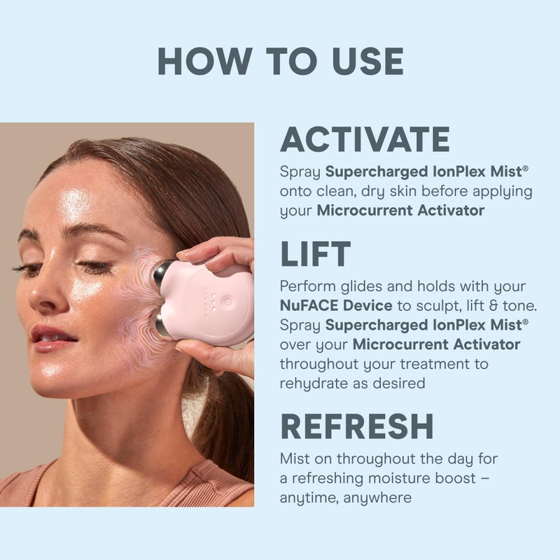 Nuface بخاخ الوجه نوفيس سوبر تشارجد آيون بليكس - 3 في 1 بخاخ مرطب فائق الدقة ومقلص للمسام مع حمض الهيالورونيك + تقنية آيون بليكس لحبس الرطوبة وتعزيز علاج الميكروكهرباء (5 أونصات) - Image 4