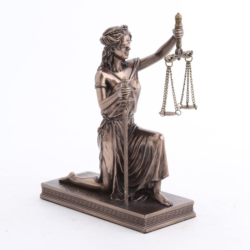 Veronese Design 6 34 Inch Lady Justice Kneeling Holding Scale and Sword Resin Sculpture Bronze Finish
