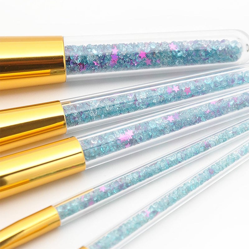 Uonlytech 5pcs Handle Makeup Brush Set with Powder Brush Diamond Particle Blue Handle Pink Bristles Gold Ferrule for Women Suitable for Liquid Foundation and Face Powder Application - Image 2