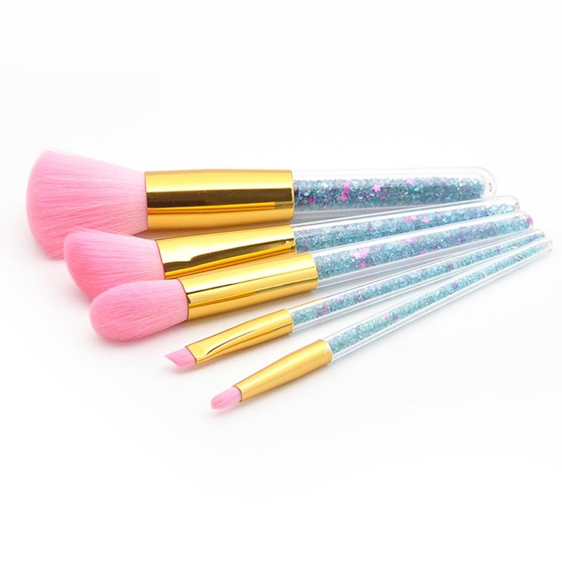 Uonlytech 5pcs Handle Makeup Brush Set with Powder Brush Diamond Particle Blue Handle Pink Bristles Gold Ferrule for Women Suitable for Liquid Foundation and Face Powder Application - Image 1
