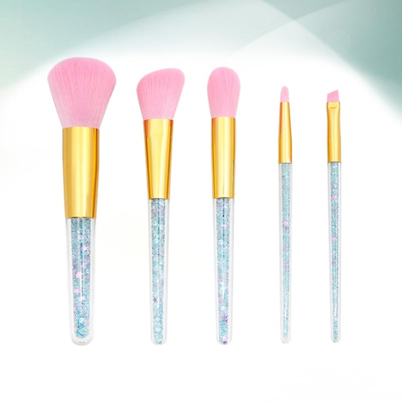 Uonlytech 5pcs Handle Makeup Brush Set with Powder Brush Diamond Particle Blue Handle Pink Bristles Gold Ferrule for Women Suitable for Liquid Foundation and Face Powder Application - Image 3