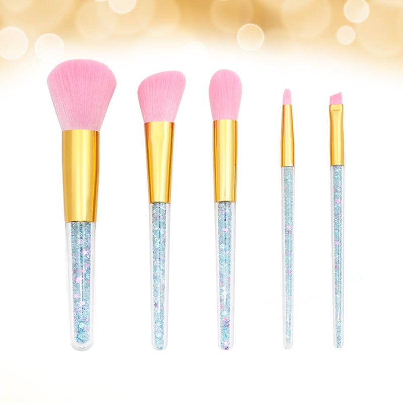 Uonlytech 5pcs Handle Makeup Brush Set with Powder Brush Diamond Particle Blue Handle Pink Bristles Gold Ferrule for Women Suitable for Liquid Foundation and Face Powder Application - Image 4