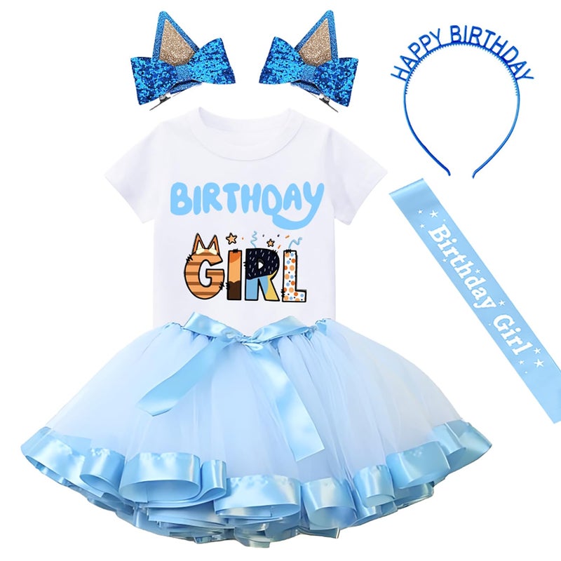Hewtwerck Birthday Girls Outfit T-Shirt Tutu Skirt Sets with Blue Ears Hair Clips Headband and Satin Sash (Blue, 2Years-3Years) - Image 1