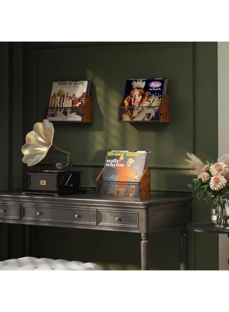 SYOSI Vinyl Record Storage Wall Mount Shelf - Vintage Wood and Metal LP Display Holder for 7" to 12" Records, Holds 25 Albums, for Collectors, Home Decor & Artistic Spaces (Desktop or Wall Mount) - Image 2