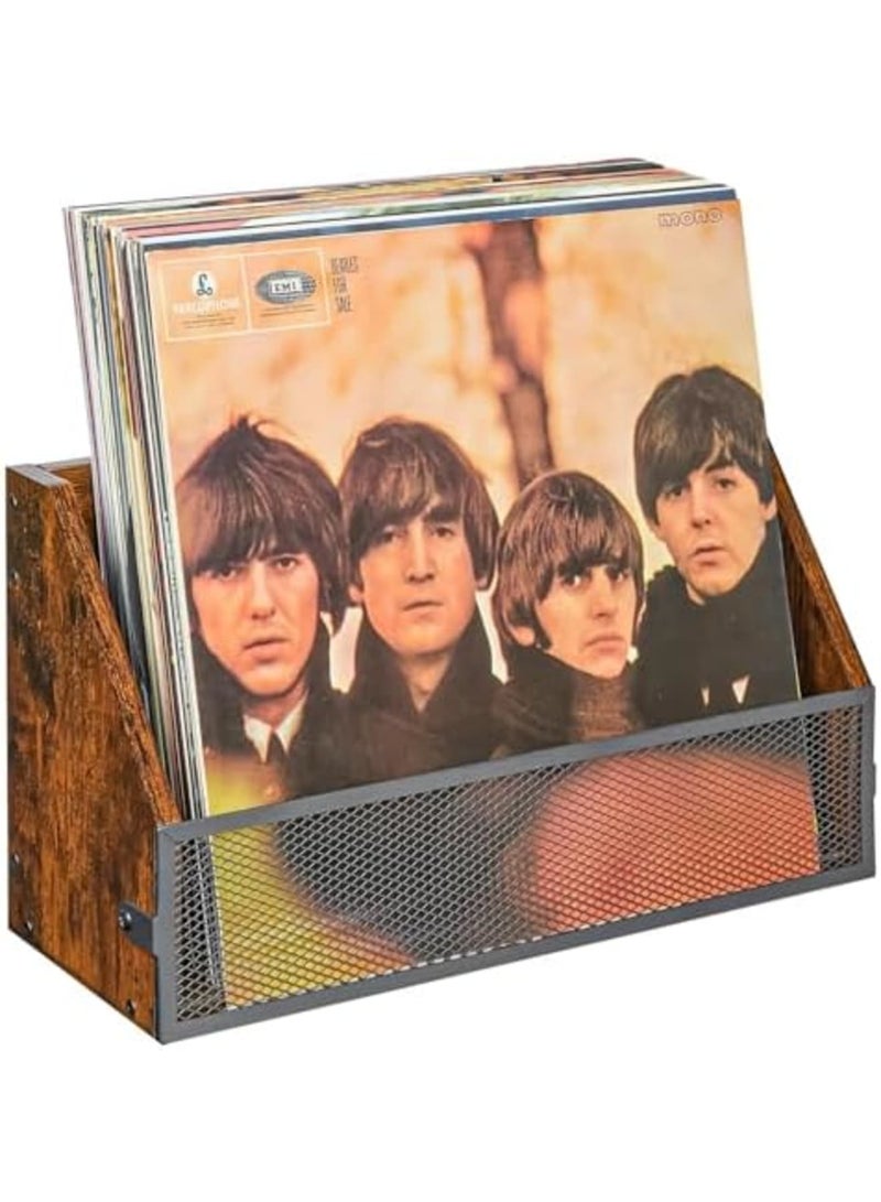 SYOSI Vinyl Record Storage Wall Mount Shelf - Vintage Wood and Metal LP Display Holder for 7" to 12" Records, Holds 25 Albums, for Collectors, Home Decor & Artistic Spaces (Desktop or Wall Mount) - Image 1
