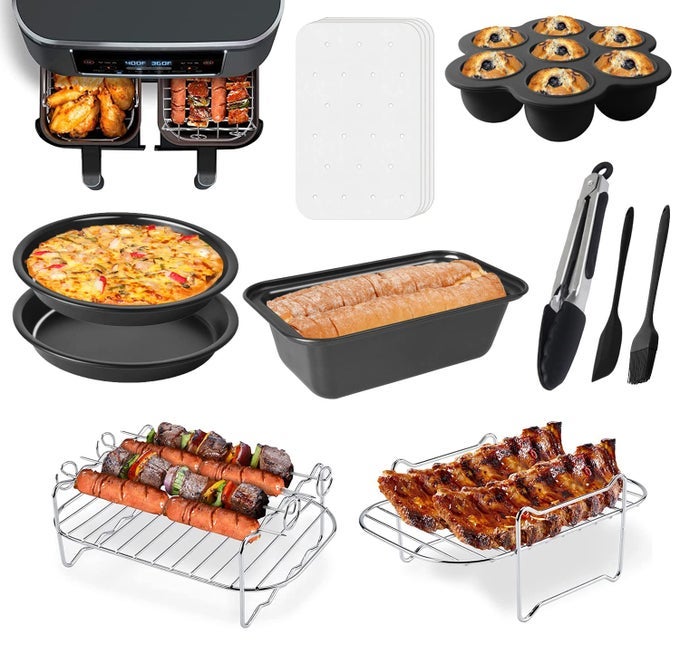 DUAL BASKET AIR FRYER ACCESSORIES SET OF 10 FIT FOR NINJA DUAL AIR FRYER DZ201 DZ401 MOST 8 QUART 10 QUART AND LARGER DUAL ZONE AIR FRYER INCLUDE CAKE PIZZA PAN RACK SKEWER PAPER LINER ETC
