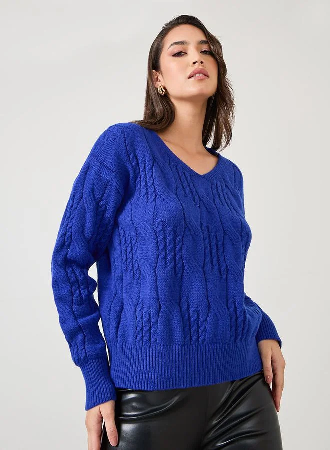 Styli Solid V Neck Cable Knit Sweater