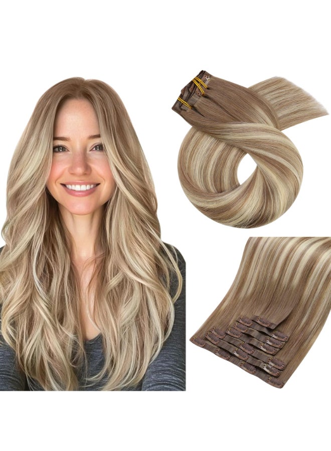 Moresoo Clip in Hair Extensions Brown to Blonde Ombre Hair Extensions Clip ins Real Human Hair Light Brown to Medium Blonde Full Head for Women Long Straight 120g7pcs 18inch - Image 2