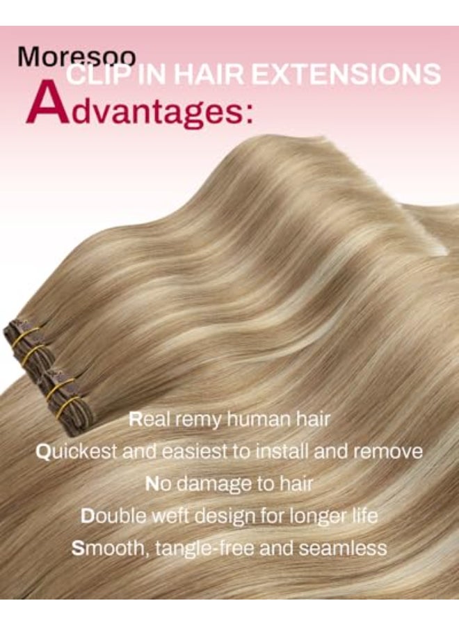 Moresoo Clip in Hair Extensions Brown to Blonde Ombre Hair Extensions Clip ins Real Human Hair Light Brown to Medium Blonde Full Head for Women Long Straight 120g7pcs 18inch - Image 3