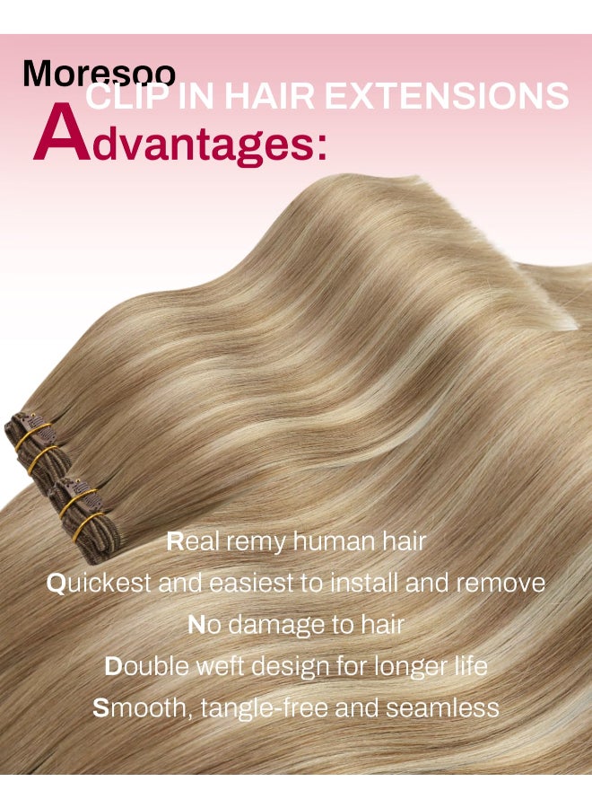Moresoo Clip in Hair Extensions Brown to Blonde Ombre Hair Extensions Clip ins Real Human Hair Light Brown to Medium Blonde Full Head for Women Long Straight 120g7pcs 18inch - Image 4
