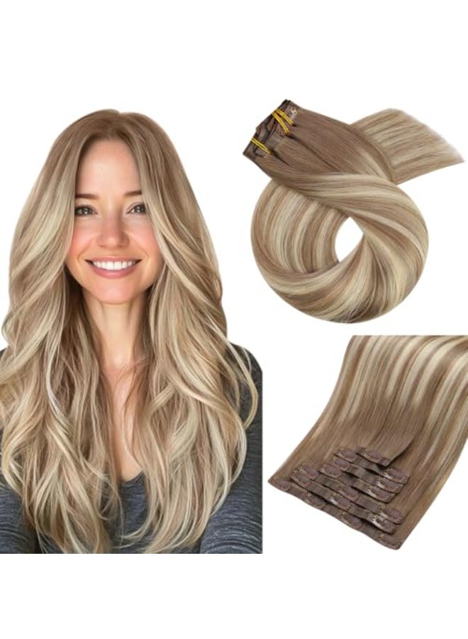 Moresoo Clip in Hair Extensions Brown to Blonde Ombre Hair Extensions Clip ins Real Human Hair Light Brown to Medium Blonde Full Head for Women Long Straight 120g7pcs 18inch - Image 1