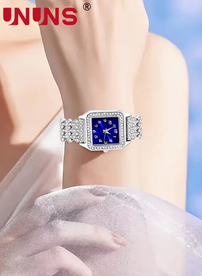 UNUNS 4 Pcs Women Watch Set,Roman Numerals Women's Wrist Watch,Luxury Diamond Decorated Watch Necklace Ring Earrings Set,Valentine'S Day Birthday Gifts for Women,Royal Blue - Image 4