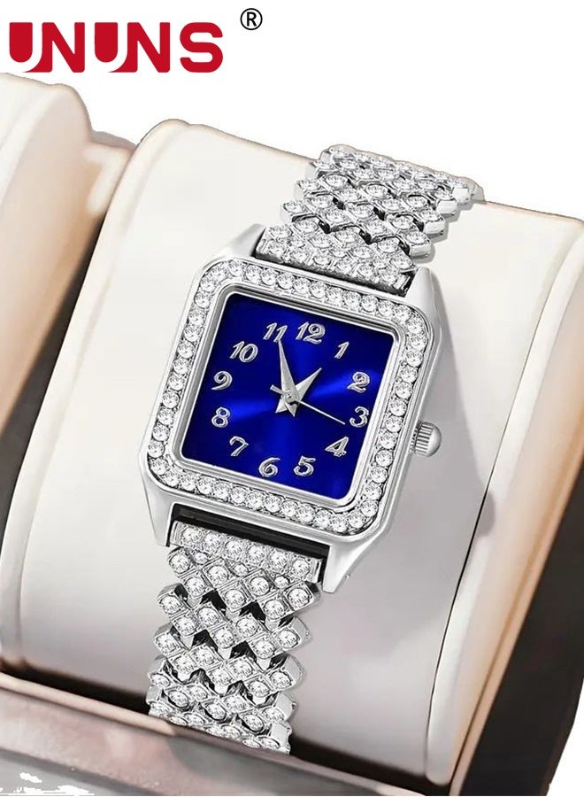 UNUNS 4 Pcs Women Watch Set,Roman Numerals Women's Wrist Watch,Luxury Diamond Decorated Watch Necklace Ring Earrings Set,Valentine'S Day Birthday Gifts for Women,Royal Blue - Image 2