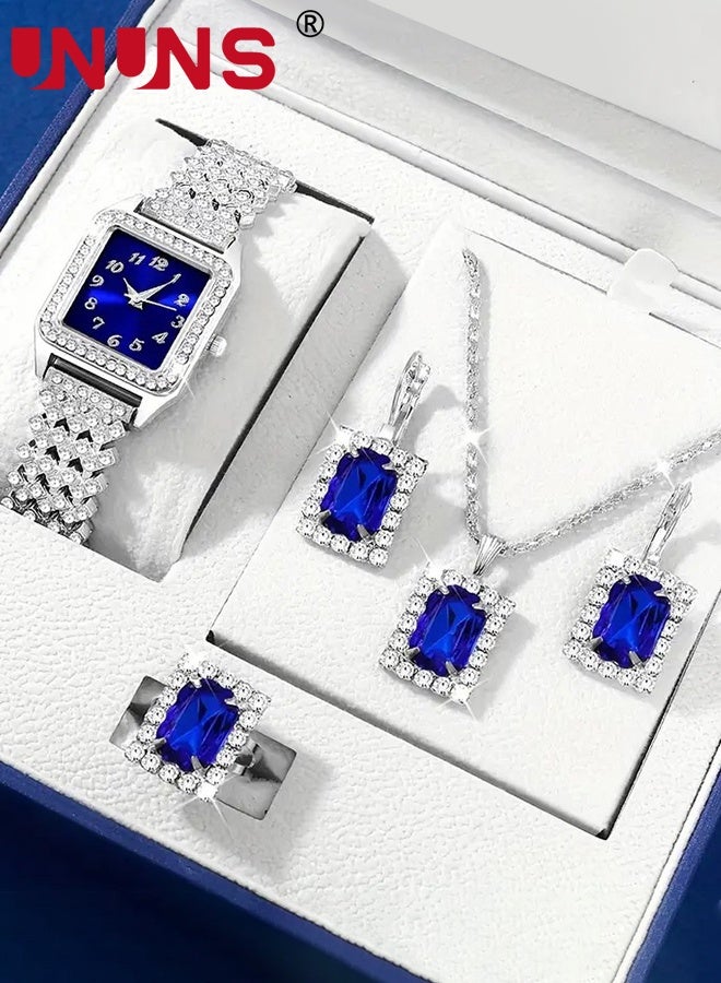 UNUNS 4 Pcs Women Watch Set,Roman Numerals Women's Wrist Watch,Luxury Diamond Decorated Watch Necklace Ring Earrings Set,Valentine'S Day Birthday Gifts for Women,Royal Blue - Image 1