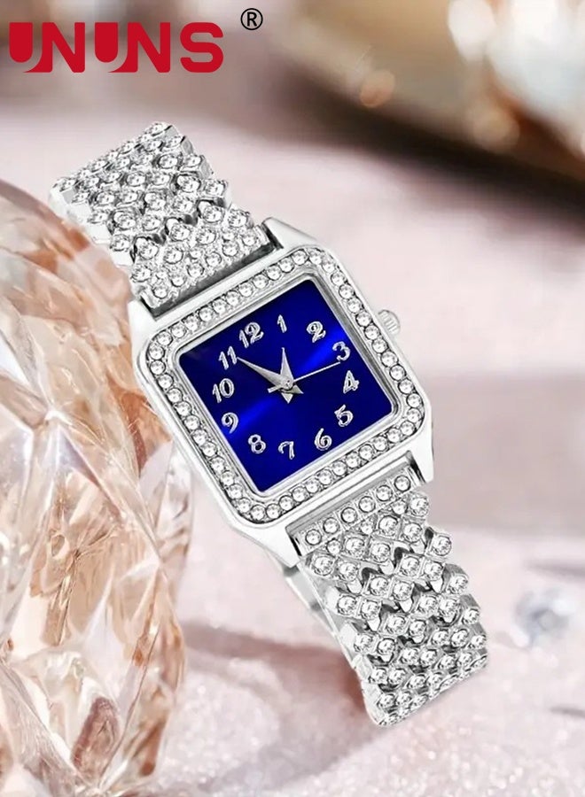UNUNS 4 Pcs Women Watch Set,Roman Numerals Women's Wrist Watch,Luxury Diamond Decorated Watch Necklace Ring Earrings Set,Valentine'S Day Birthday Gifts for Women,Royal Blue - Image 3