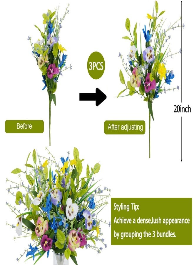 HO2NLE 3 Bundles Artificial Spring Flowers Fake Wildflowers Pansy Flowers Silk Flowers with Stems Colorful Flowers Arrangements for Home Kitchen Garden Table Centerpieces Easter Decor - Image 3