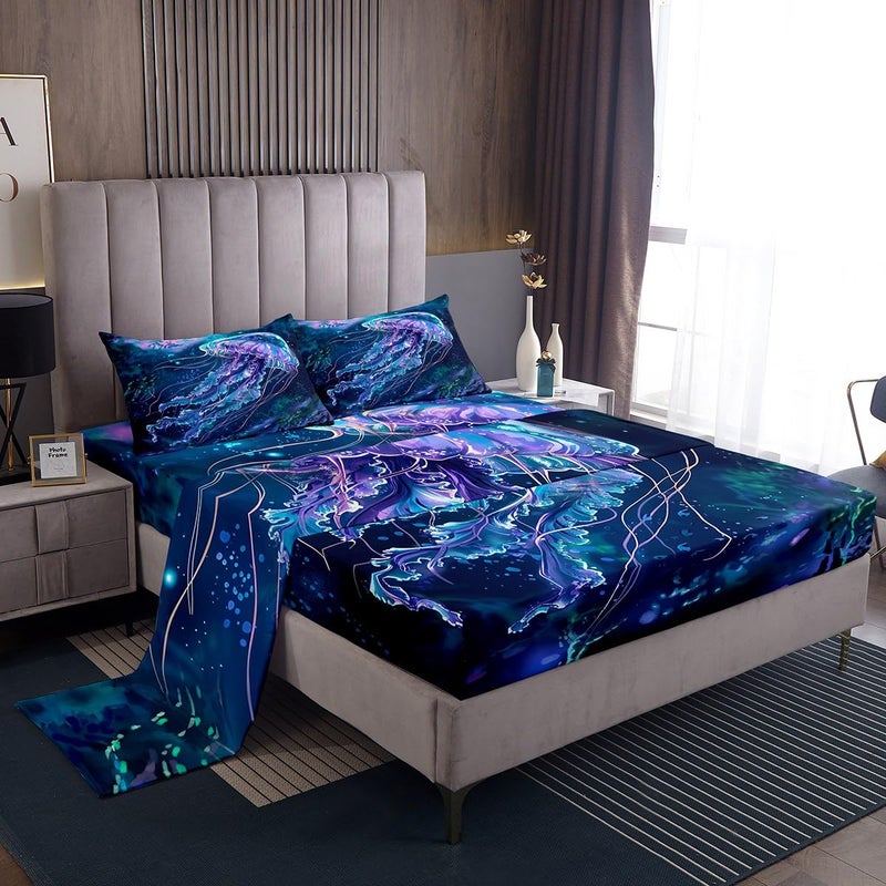 Trippy Jellyfish Bed Sheet Set FullFantasy Sea Creatures Fitted Sheet Watercolor Ocean Animals Bedding Set for Kids Boys Teens RoomHorror Halloween Decor Top Flat Sheet 4pcs2 Pillowcases