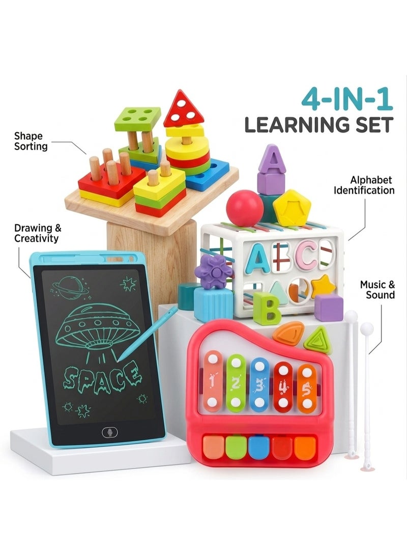 4-in-1 Educational Toy Bundle - Montessori Puzzles, Alphabet Cube, LCD Tablet & Piano - Image 1
