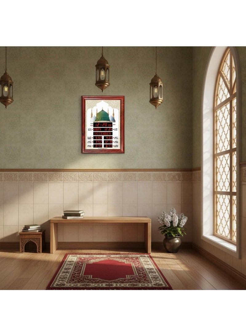 الحرمين ساعة أذان رقمية الحرمين، 40x30 سم، متعددة الوظائف، تصميم القبة الخضراء بالمدينة المنورة – موديل HA-5102A - Image 3