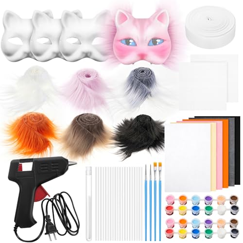 Seenelling 33 Pcs Therian DIY Mask Kit for Beginners Including Blank Cat Mask Faux Fur Fabric Felt Fabric Plastic Mesh Sheet Colorful - Image 1