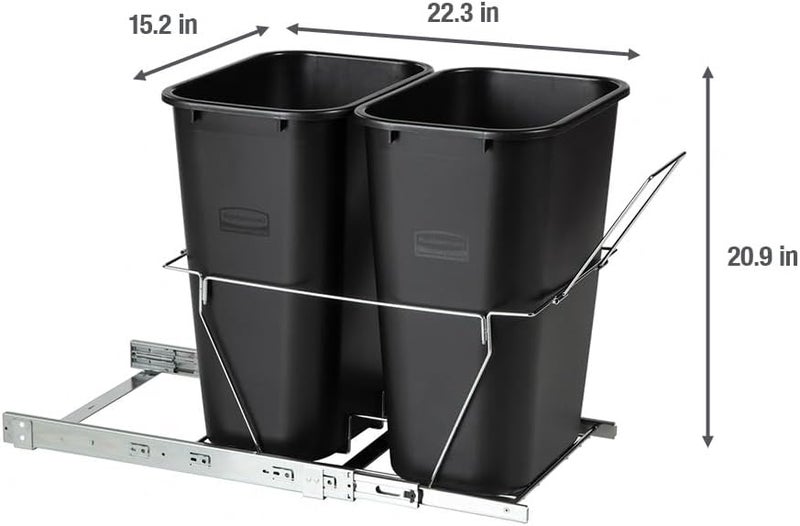 Rubbermaid سلة مهملات وسلة إعادة تدوير قابلة للسحب من روبيرمايد 20 جالون باللون الأسود تحت الحوض للمطبخ والحمام والمكتب والمرآب - Image 2