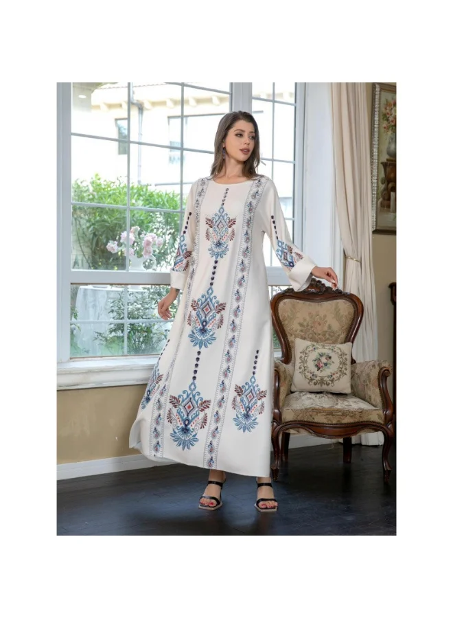 Madam Uniq Elegant White Embroidered Kaftan, 3/4 Sleeves & Floral Patterns, Ethnic - Style Gown