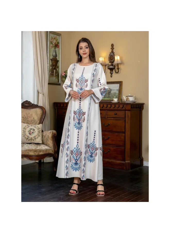 Madam Uniq Elegant White Embroidered Kaftan, 3/4 Sleeves & Floral Patterns, Ethnic - Style Gown