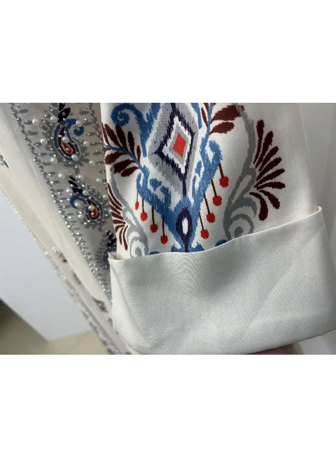 Madam Uniq Elegant White Embroidered Kaftan, 3/4 Sleeves & Floral Patterns, Ethnic - Style Gown