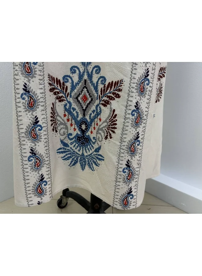 Madam Uniq Elegant White Embroidered Kaftan, 3/4 Sleeves & Floral Patterns, Ethnic - Style Gown
