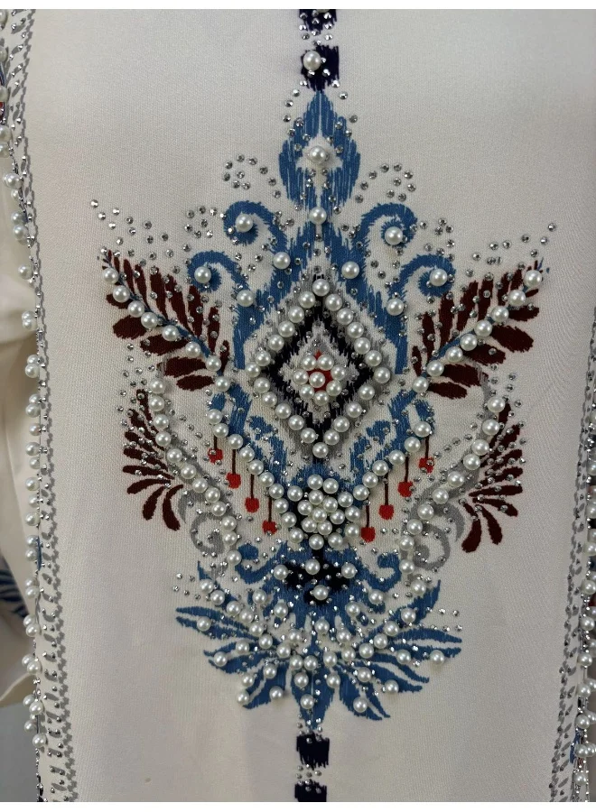 Madam Uniq Elegant White Embroidered Kaftan, 3/4 Sleeves & Floral Patterns, Ethnic - Style Gown