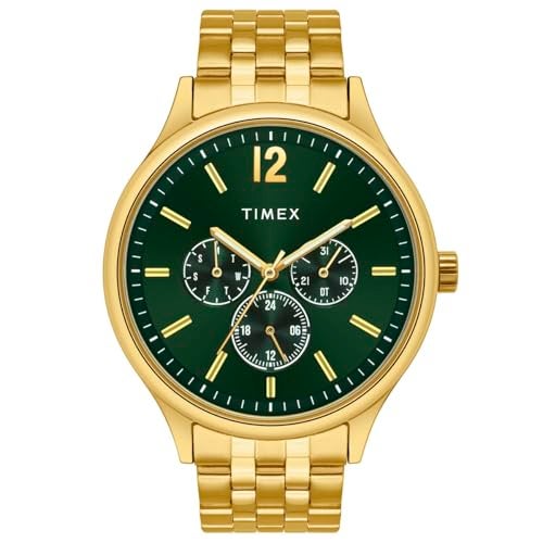 TIMEX Analog Watch for Man with Green Round Dial & Gold Stainless Steel Bracelet Band Water Resistant Men's Wrist Watches - TWEG18435 - Image 1
