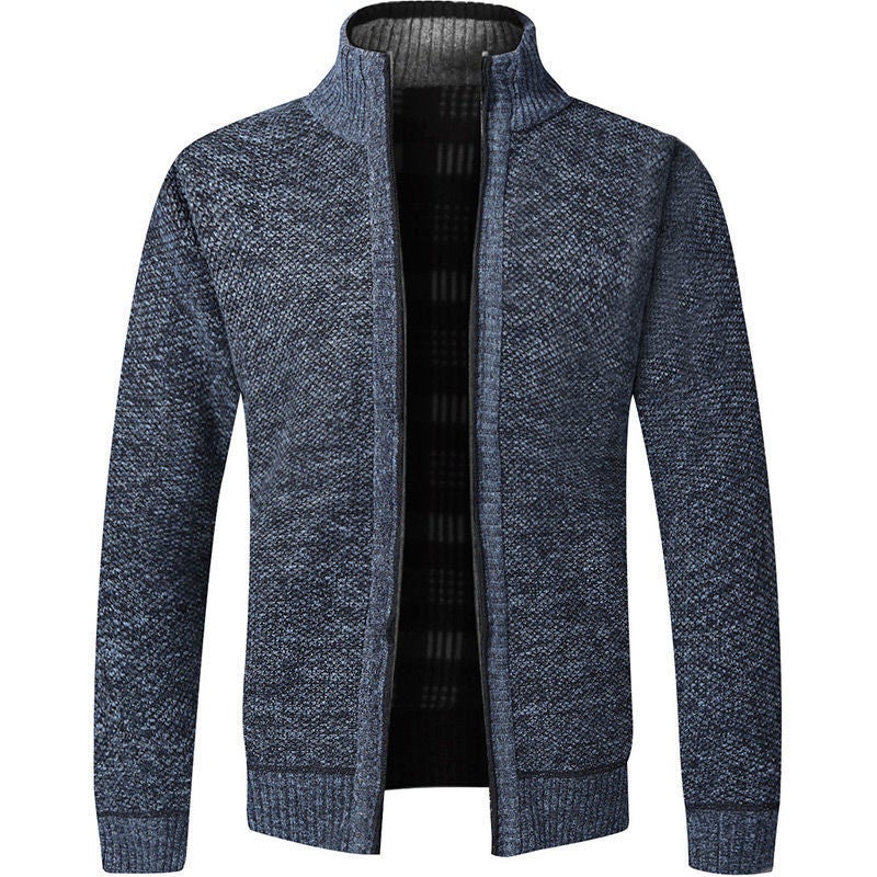 Sweater Top Autumn and Winter Solid Color Cardigan Casual All-match Slim-fit Collar Mens Zipper Collar Handsome Jacket 8801 blue gray