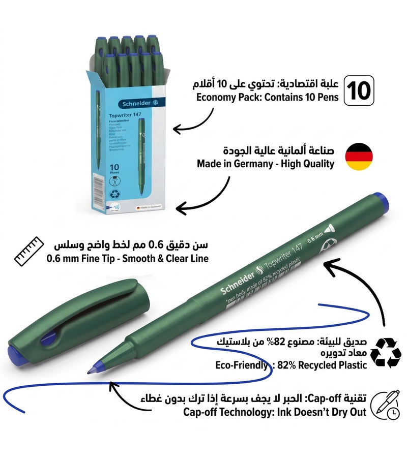 شنايدر علبة أقلام شنايدر توب رايتر 147 مكونة من 10 اقلام سن 0.6 مم حبر أزرق - Image 3
